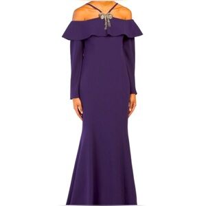 Teri Jon Off The Shoulder Long Gown, Purple - 8 MSRP $980